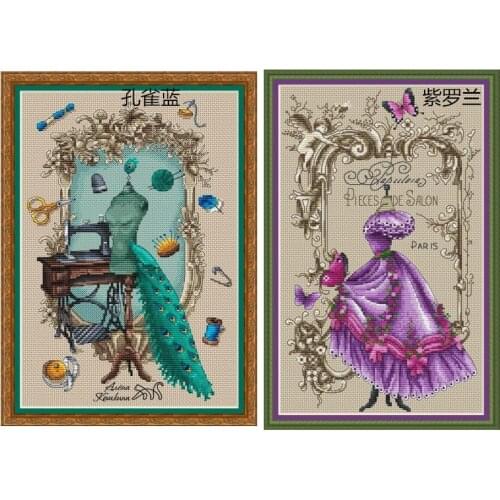 High Quality Counted Cross Stitches Kit The Blue And Green Tailoring Shop Wedding Dress Lady Skirt With Birds