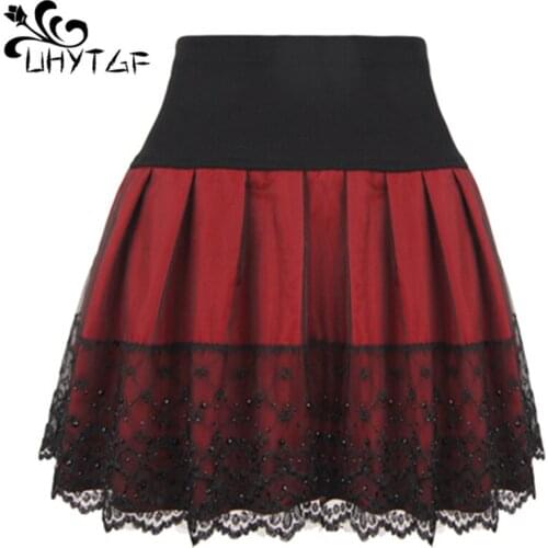 UHYTGF Women Autumn winter skirts red black high waist pleated skirt women Fashion plus size pettiskirt wild thin short skirt 28
