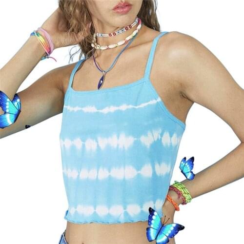 Women Sexy Thin Straps Camisole Tops Blue Striped Tie-Dye Fungus Flounce Hem Crop Tank Tops Lady Summer Casual Camis Tops