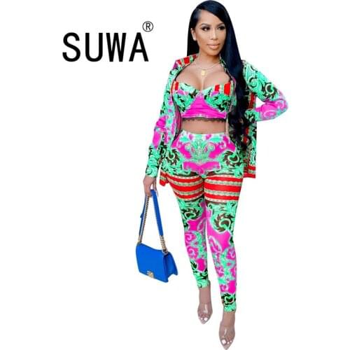 High street fashion women 3 piece set spring clothes long sleeve coat jacket + bra crop top + high waist pants trousers suit