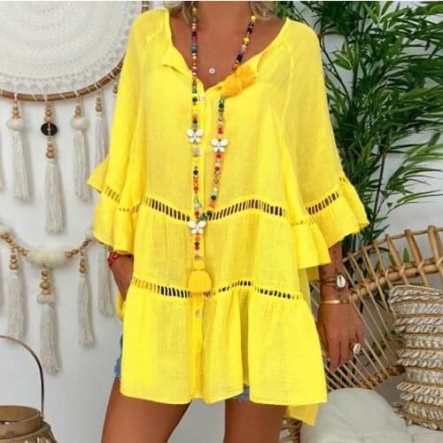 2021 Womens Dress Hollow Out Ruffle Cotton Linen Plus Size Dresses V-neck Flared Sleeves Loose Irregular Pullover Beach Vestido