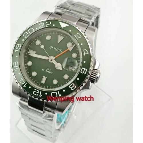 40mm Bliger Green Sterile Dial GMT Automatic Steel Case Green ceramic ring Luminous Mens Casual Wristwatch