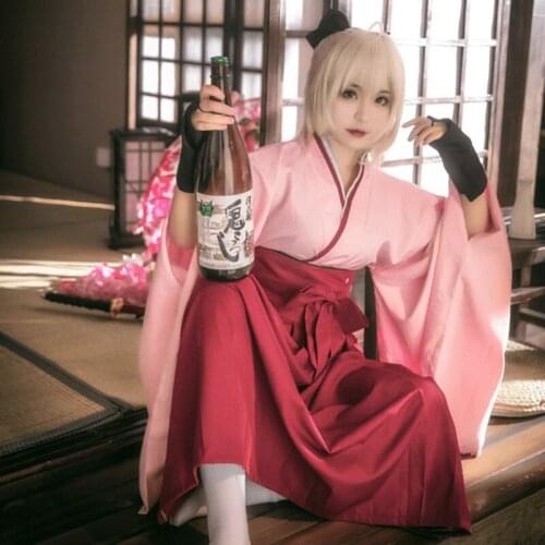 Anime FGO Fate Grand Order Cosplay Sakura Saber Okita Souji Cosplay Costume Pink Kimono Kendo Uniform Halloween Costume C48C26