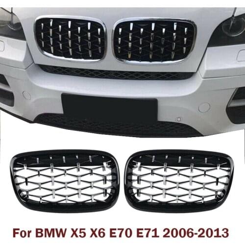 A Pair Car Diamond Grills Front Kidney Grill Chrome Mesh Grille For BMW X5 X6 E70 E71 2006-2013 Black Silver Car Accessories