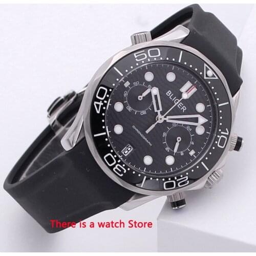 Bliger 41mm Quartz Watch Men Sapphire Glass Luminous Waterproof Rubber Strap Calendar Sport Chronograph Function Wristwatch Men