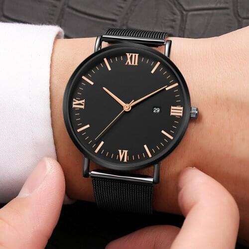 Men Watches Luxury Quartz Mesh Stainless Steel Dial Leather Band Wrist Watch Men Watches relogio masculino montre homme