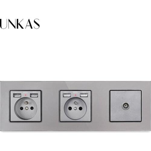 UNKAS Glass Panel Dual French Standard Socket with 4 USB Charging Port + 1 Gang Female TV Connector Television 258mm * 86mm