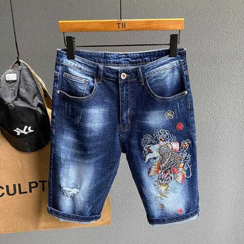Summer Men Designer Jeans for Men Shorts Trend Chinese Style Embroidery Koi Stretch Slim Retro Blue Male Denim Five Points Pants