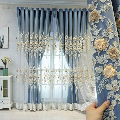 Villa Home Decor Curtains European Style Luxury Embossed Flower Embroidery Double layer Drapes For Living Room Bedroom Custom #4