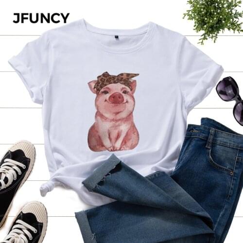 JFUNCY Women T-shirt Plus Size Summer Cotton Tops Oversized Woman Tshirts Cute Bow Bandana Pig Short Sleeve Female Tee Shirt