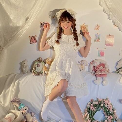 Korean New Sweety Girly College Style Dress Peter Pan Collar Puff Sleeve Jacquard Elegant Pure Princess Dresses For Women