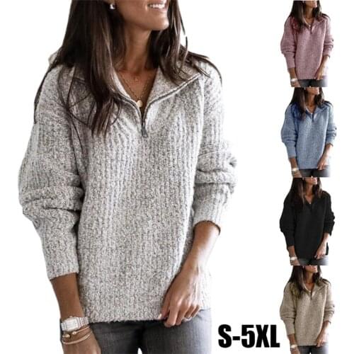 Fashion Women Autumn Solid Color Long Sleeve Zip Loose Knitted Plus Size Sweater