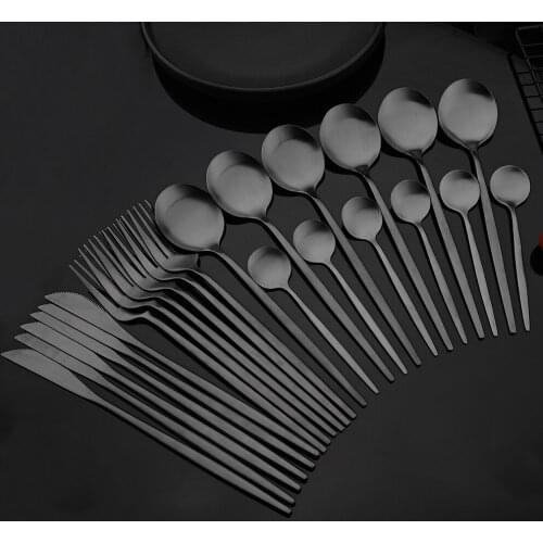 24Pcs Black Matte Cutlery Set Stainless Steel Dinnerware Set Knife Fork Spoon Dinner Set Kitchen Flatware Tableware Set For Home