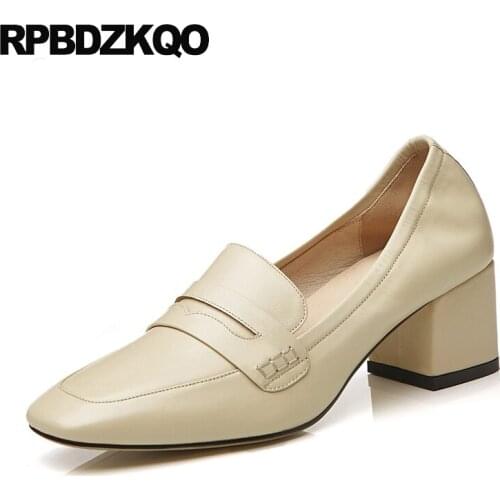 Chunky size 4 34 brand genuine leather pumps ladies shoes square toe medium heels thick china black closed high block 2019 women