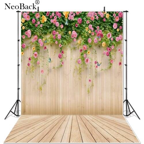 NeoBack Vinyl Spring Floral Butterfly Wooden Wall Photo Backdrops Children Garden View Studio Portrait Photography Backgrounds
