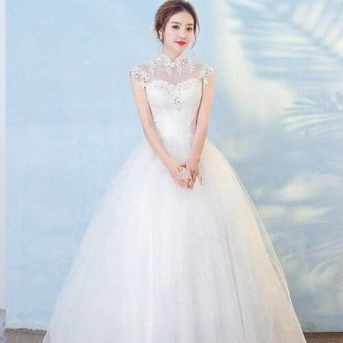 New White Embroidery Wedding Dress Backless Empire High Neck Floor-Length Short Sleeves Plus Size Wedding Gowns For Women G319