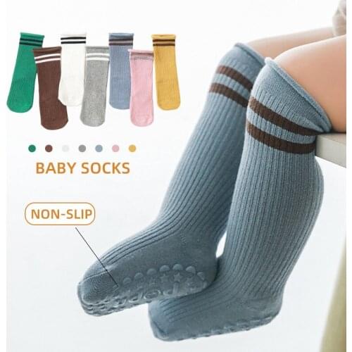 Autumn Winter Baby Long Socks Solid Color Striped Non-slip Soled Socks For Newborn Toddler Cotton Knee High Floor Socks 0-12 M