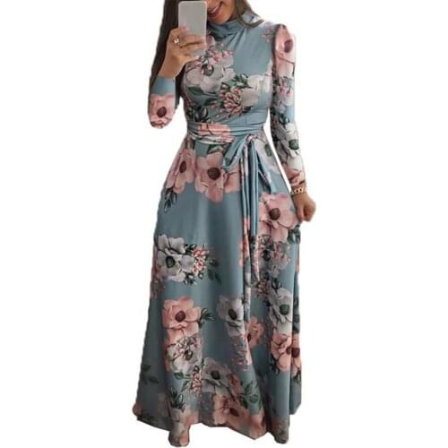 Elegant Maxi Dress for Women Floral Print Long Sleeve Round Neck Large Hem Belt Dress Turtleneck Boho Dress Ladies Party Vestido