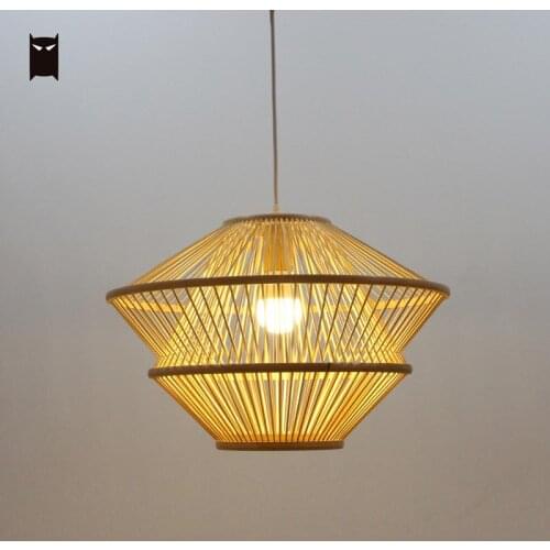 Natural Bamboo Wicker Rattan Rod Shade Pendant Light Fixture Rustic Country Japanese Farmhouse Hanging Ceiling Lamp Foyer Room