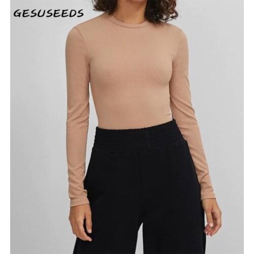 Casual long sleeve top women spring solid t shirt korean cotton shirts basic o neck knit cropped shirt white slim t shirt black