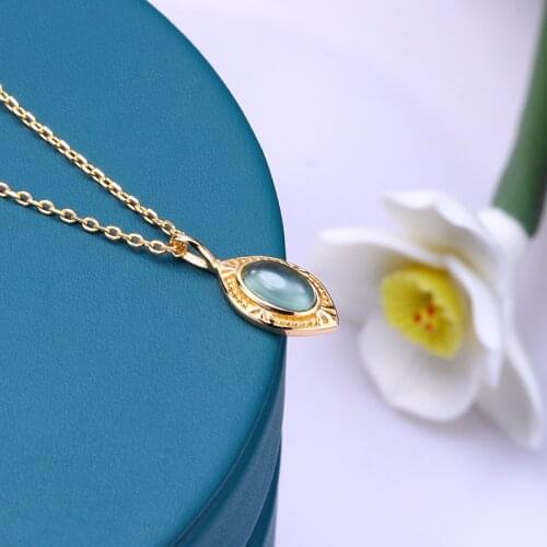 UBESTNICE Trendy 9K Yellow Gold Oval Horse Eye Gemstone Blue Topaz Peridot Pendant Necklaces Fine Jewelry For Women Gift 585
