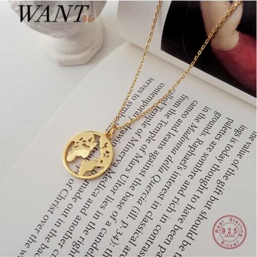 WANTME Genuine 925 Sterling Silver Simple Fashion Earth Pendant Link Chain Necklace for Women Chic 18K Gold Jewelry Accessories
