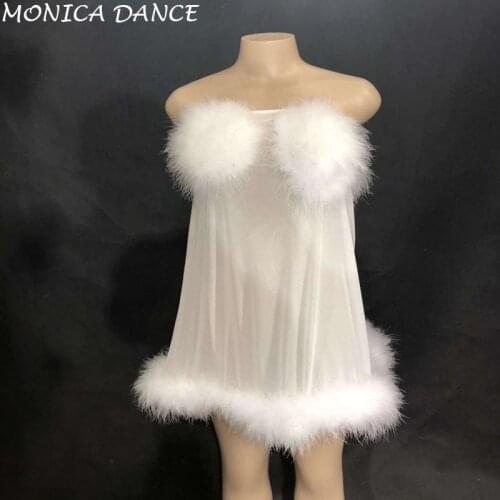 Wowen Sexy White Fluff Net Yarn Transparent Dress Sleeveless Nightclub Party Stage Wear Singer Dancer Bling Dance Costumes