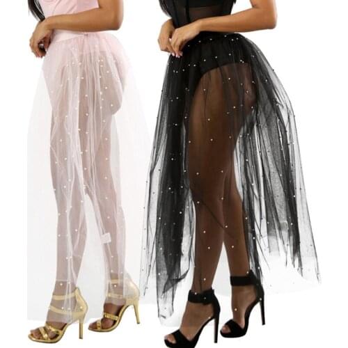 Women High Waist Maxi Long A Line Skirt Sexy Sheer Mesh Pearl Beading Clubwear