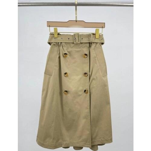 2021 Runway Designer Autumn Fashion Midi Skirt Women High Waist Belt Vintage Solid Elegant Cotton Skirts