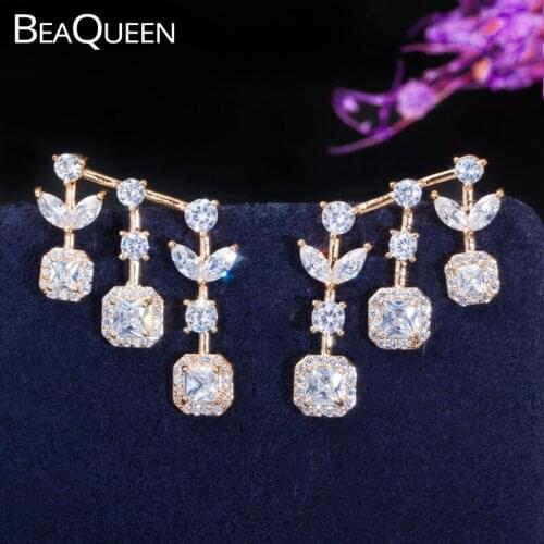 BeaQueen Personality 585 Gold Color Leaf Shape Big Square Drop Tassel Earrings Cubic Zirconia Crystal Women Fashion Jewelry E335