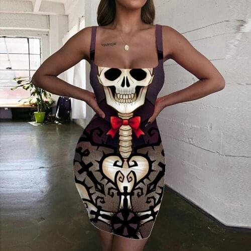 KYKU Brand Skull Dress Women Skeleton Halter Sleeveless Flower Sundress Hip Hop Bodycon Dress Womens Clothing Mini Evening Short