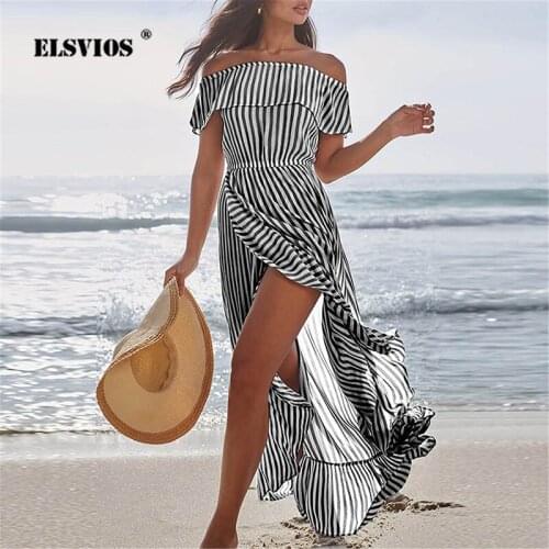 Women Sexy Off Shoulder Chest Wrap Dress Elegant Ruffled Stripe Split Fork Maxi Dress Ladies Summer Bohemian Beach Party Dresses
