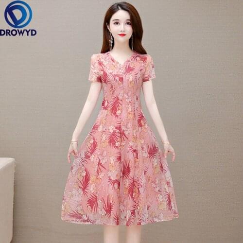 2021 Beach Pink Print Midi Dress Women Summer Fashion Short Sleeve V-neck Bodycon Chiffon Dress Elegant Boho Sexy Party Vestidos