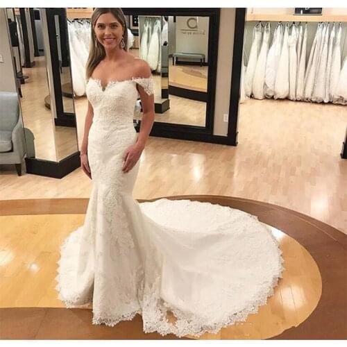 New Fashion Off Shoulder Lace Mermaid Wedding Dresses Open Back Sweep Train Appliques Bridal Gowns Custom Made