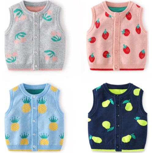 New Girls Vest Cartoon Fruit Print Sleeveless Knit Sweater Kids Clothing Newborn Baby Kids Waistcoat Autumn Boys Jacket Vest