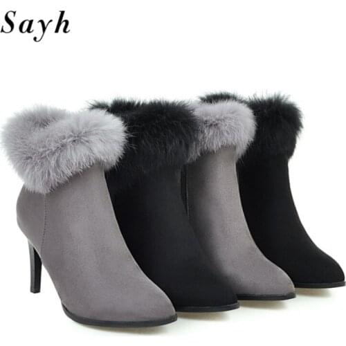 Winter Woman Faux Fur Ankle Boots Pointy Toe High Heels Casual Zipper Bootie Warm Shoes Size Plus