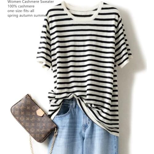 Naizaiga 100% cashmere black white striped pure cashmere summer pullovers short sleeve causal girl spring sweater , NSBL13