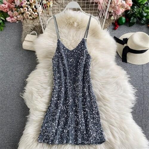 20 New Spring Women Black Sequined Dress Strap Dress Hip Package Tank Dress Suspender Dress Party Vestidos Bottomings Mini 1301