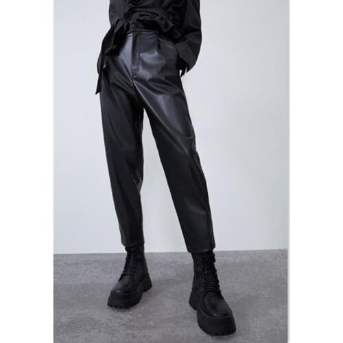 Fashion Pu Leather Pants Women High Waist Pockets Straight Harem Pants Vintage Casual Trousers Sexy Streetwear