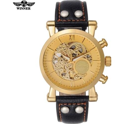 Men mechanical watches WINNER brand automatic skeleton watches fashion casual leather wristwatches gold gift clock reloj hombre