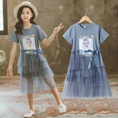 2021 Summer Girls Dress Princess profile Kids Clothes teenager Short Sleeve Lace Mesh Dresses 4 5 6 7 8 9 10 11 12 13 14 years