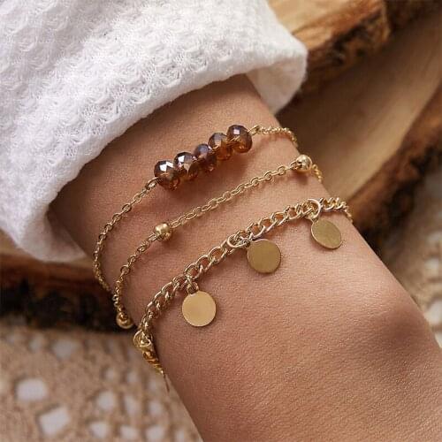 Docona Retro Brown Irregular Beads Chain Bracelet Setfor Women Bohemia Geometric Sequins Bangles Party Jewelry 3Pcs/Set 9092