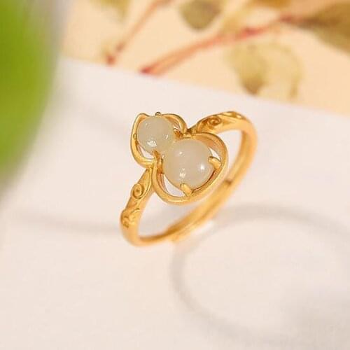 Natural Hetian white jade gourd opening adjustable ring Chinese style complex pattern craft design charm women silver jewelry