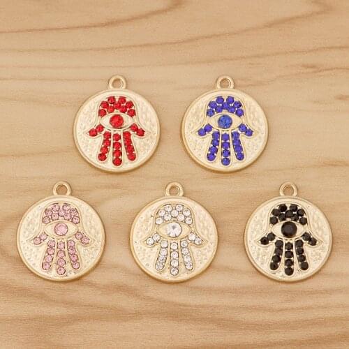 10 Pieces Gold Tone Crystal Hamsa Hand Fatima Evil Eye Round Charms Pendants for Bracelet Necklace Jewellery Making