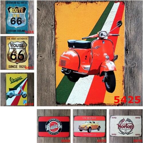 Vespa Retro Electromobile Motorcycle Vintage Metal Poster American Old Route Route Us 66 Classic Iron Painting for Garage Decor