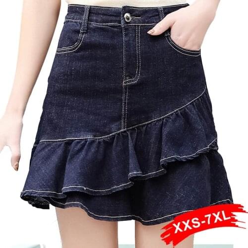 Plus Size Layered Ruffles Mini Denim Skirt 3Xl 5Xl 7Xl Summer High Waist Bandage Bodycon Short Jeans Skorts Women Saia Mujer