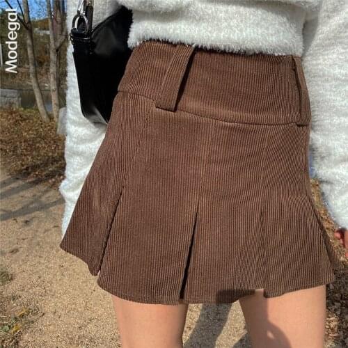 Modegal Womens Vintage Corduroy Pleated Skirt Y2k High Waist A Line Solid Color Preppy Short Mini Skirts Korean Fashion