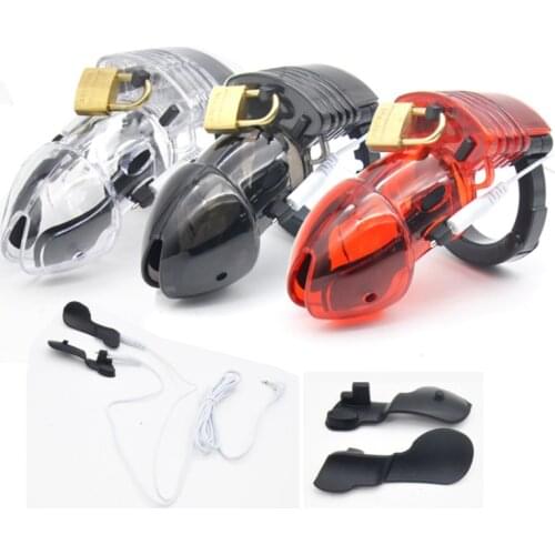 Male Electric Shock Adjustable Clasp CB Chastity Lock Cage Penis Lock Chastity Device Plastic Chastity Cage Sex Toys for Men