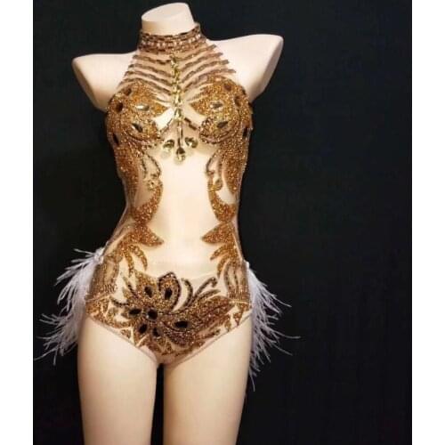 2020 New Gold Party Stage Wear Crystals Shining Feather Sexy Bodysuit Outfit Female Modern One Piece Sexy Rhinestone Costumes
