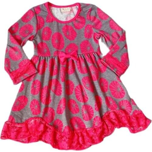 New girl design Summer Children Cotton plum floral pattern lace dress Gray silk Dark swirl dress